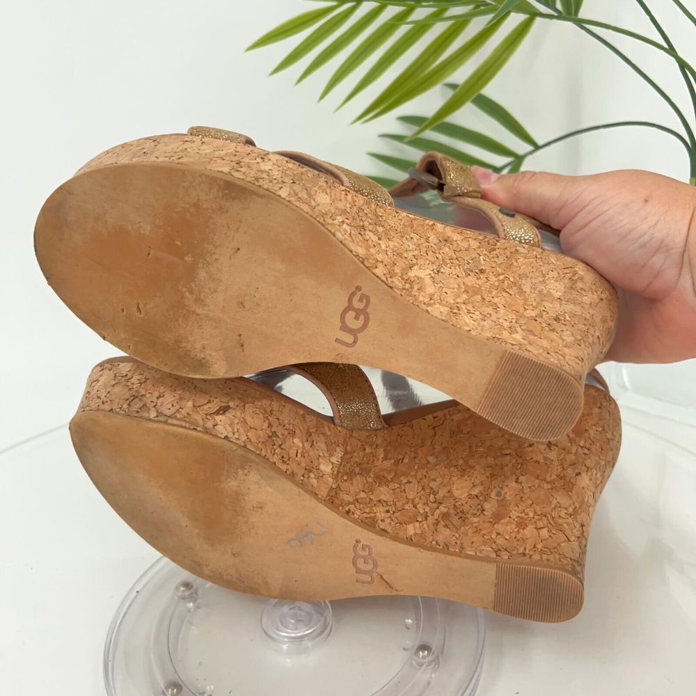UGG Womens Size 8.5 Jazmine Wedge Metallic Gold Cork Sandals Shoes Platform - Picture 10 of 15